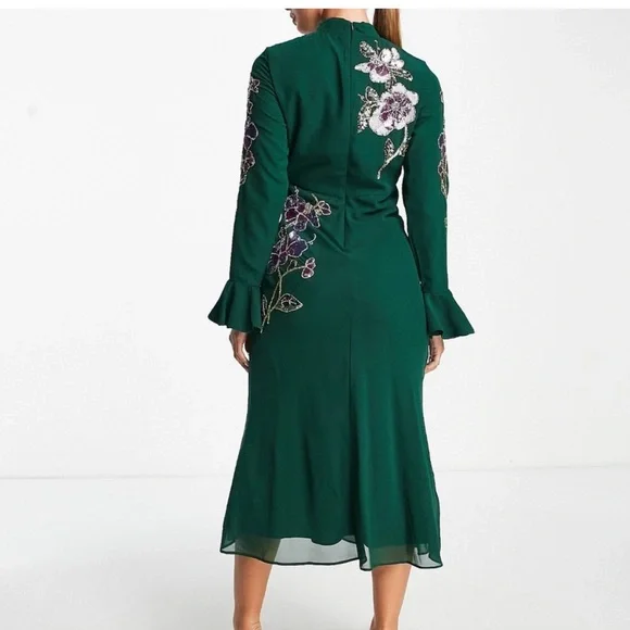 ASOS Green Midi Dress with Pink & Purple Floral Embroidery - Picture 5 of 15